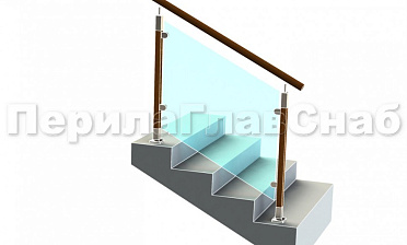 Ограждение с круглым деревянным поручнем с зажимными стеклодержателями и стойками с деревянными вставками купить в Алматы